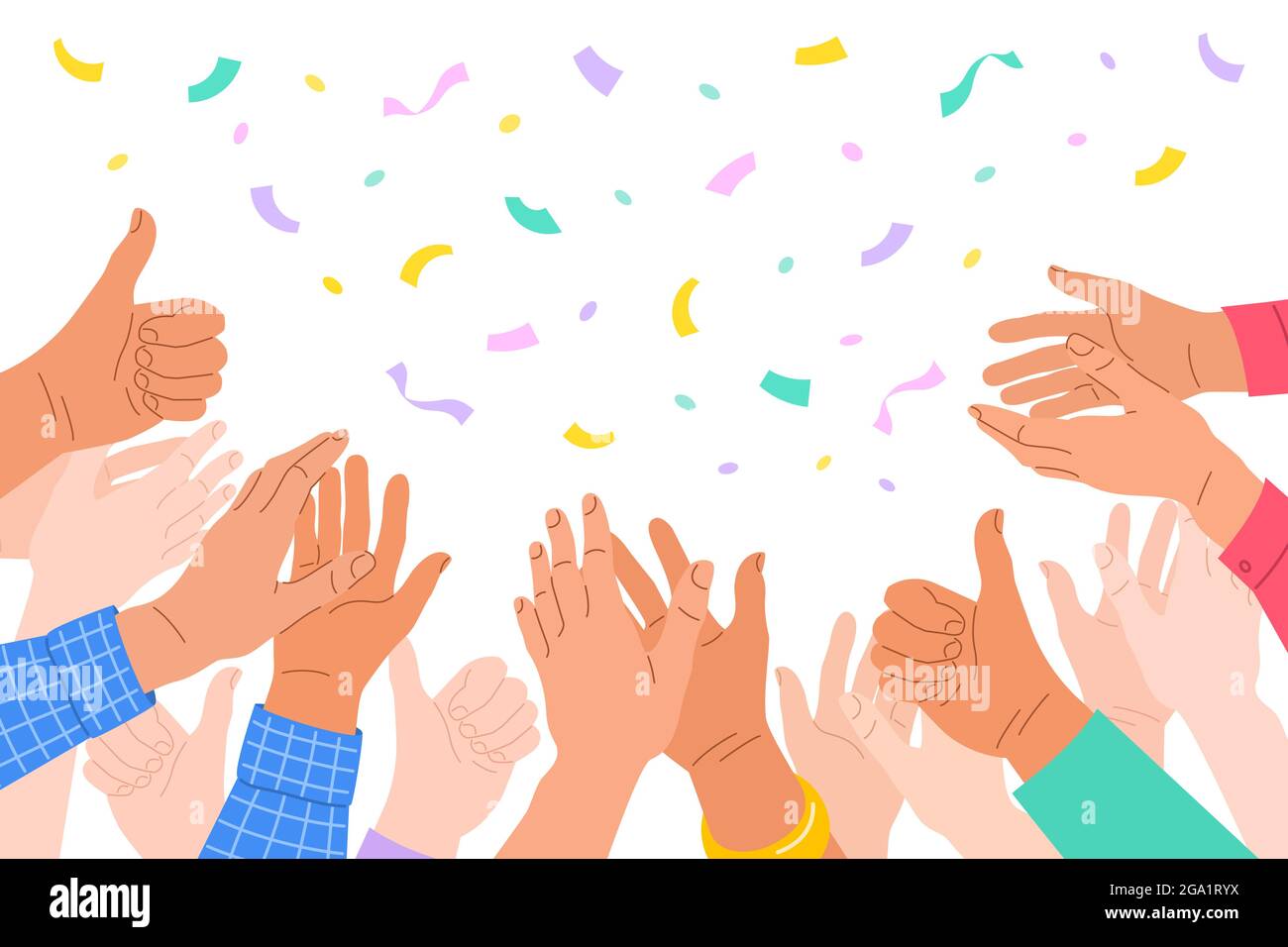 Clapping human hands. Crowd of men and women congratulates a winner. Business team applauding for great successful work. Teamwork and togetherness con Stock Vector