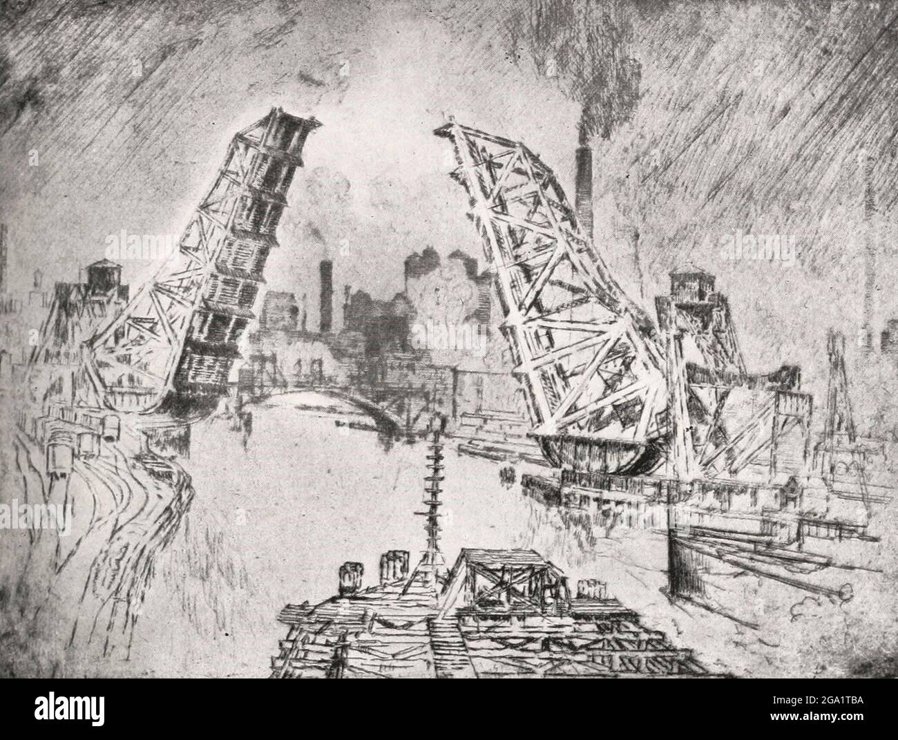 The Jaws, Chicago - Drawing of a drawbridge in Chicago, Joseph Pennell, circa 1915 Stock Photo