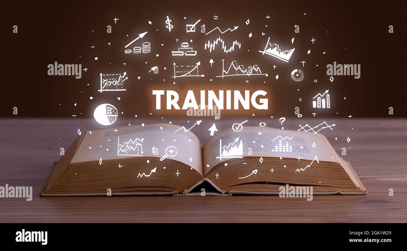 Business Book Inscriptions Examples Business inscription coming out from an open book Stock Photo - Alamy