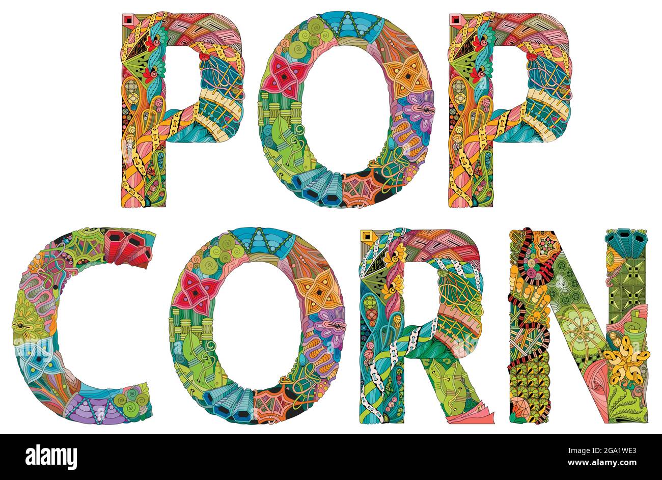 Hand-painted art design. Hand drawn illustration word POPCORN for t-shirt and other decoration Stock Vector