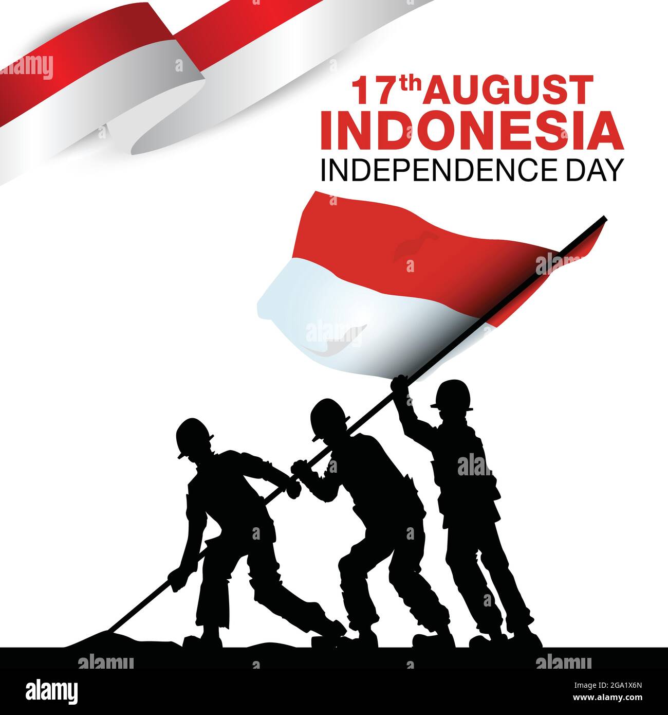 happy independence day Indonesia. Vector Template Design Illustration. silhouette soldiers raising with flag Stock Vector