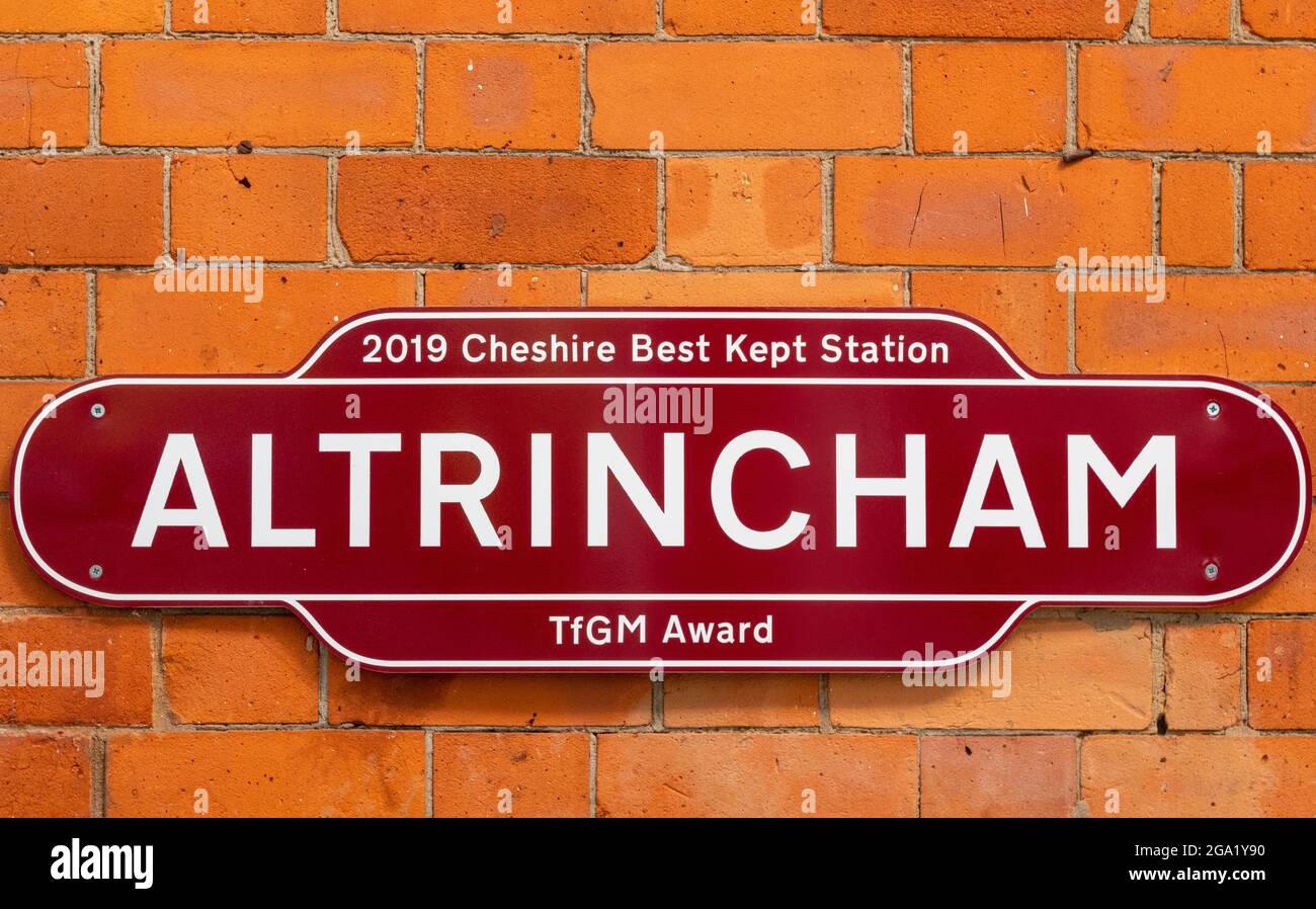 totem sign at altricham railway station in cheshire, uk Stock Photo