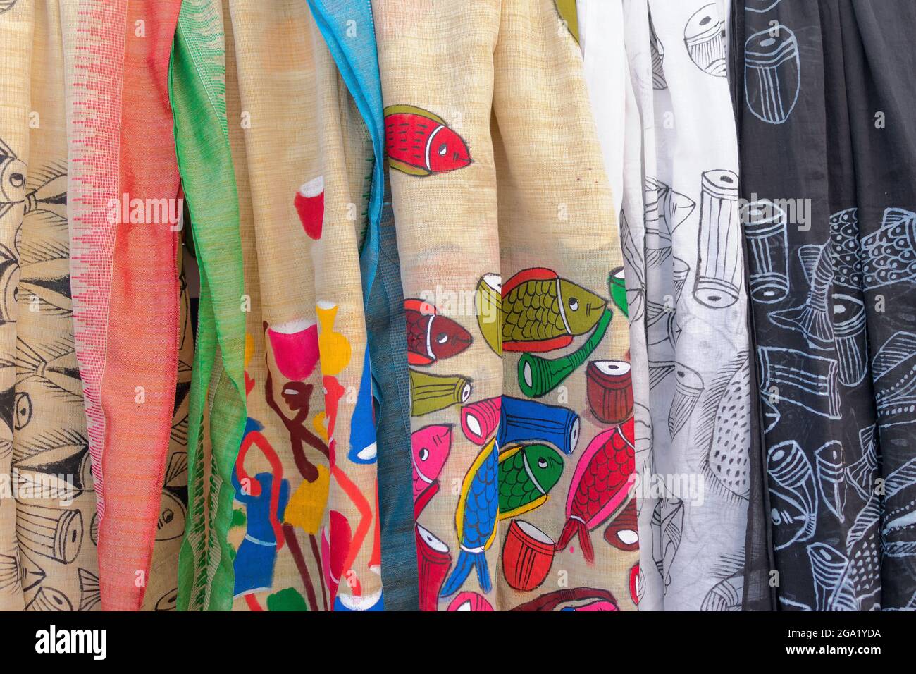 Colourful sarees, handicrafts are displayed at Handicrafts fair, Kolkata , West Bengal, India. Handicrafts are rural Industry in West Bengal. Stock Photo