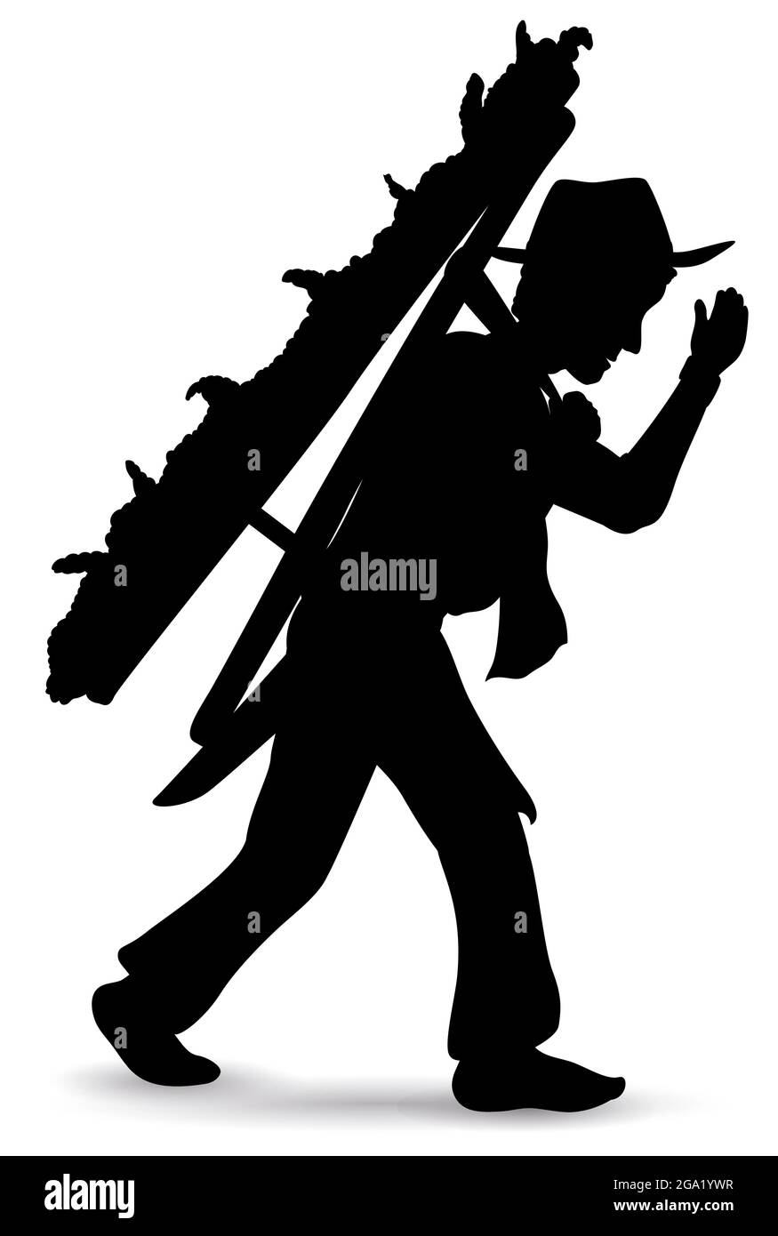 Isolated silhouette of a Silletero man holding on its back a floral arrangement during the celebration of Festival of the Flowers parade. Stock Vector