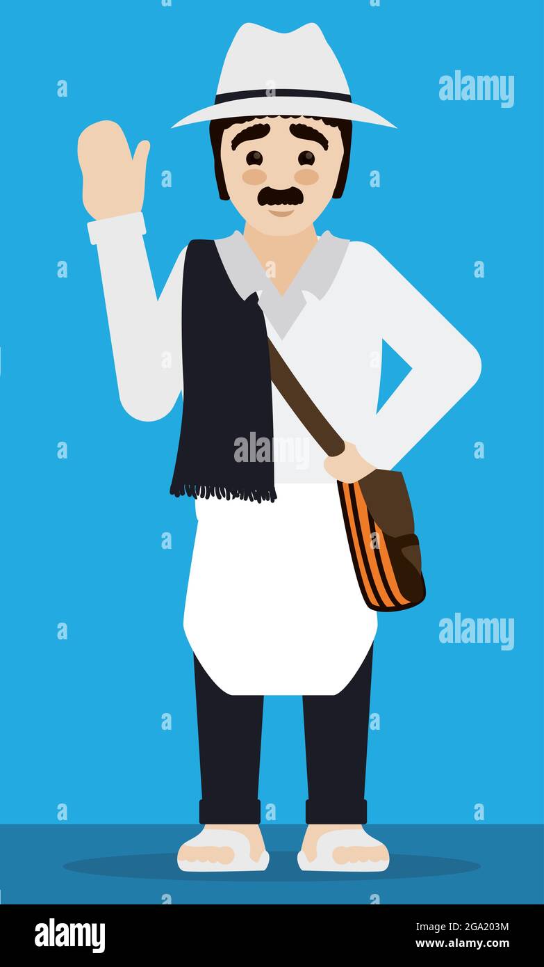 Man with mustache wearing traditional Colombian arriero paisa garment: carriel bag -or satchel-, hat, poncho, white clothes, dark trousers and sandals Stock Vector