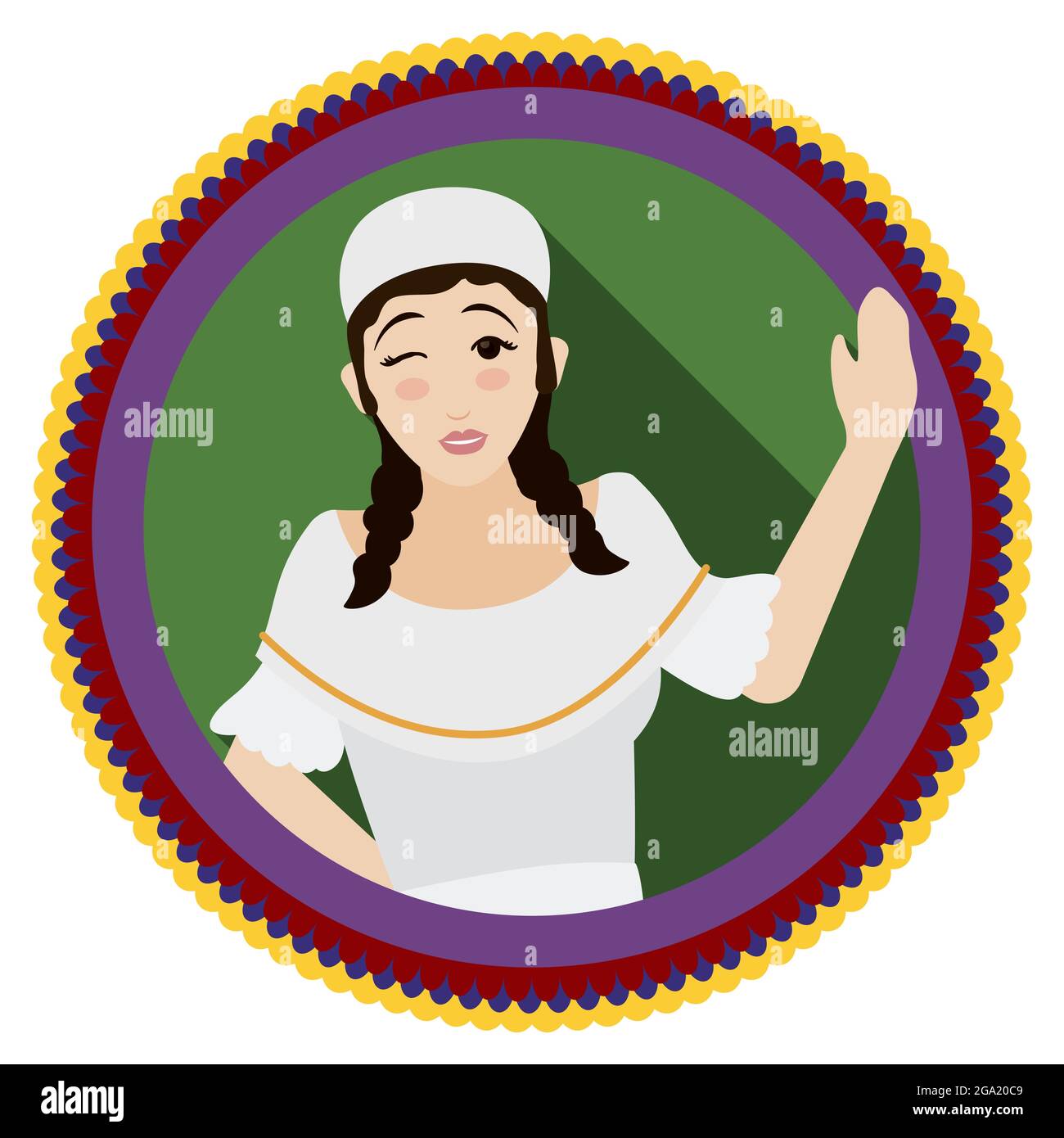 Beautiful Colombian woman winking at you in traditional paisa attire, inside a round button with Colombia flag colors. Stock Vector