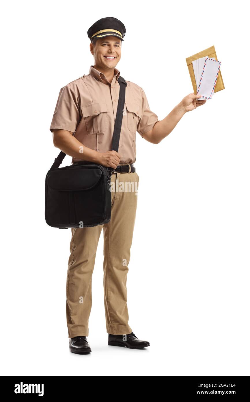 Full length portrait of a postman in a uniform holding letters and ...