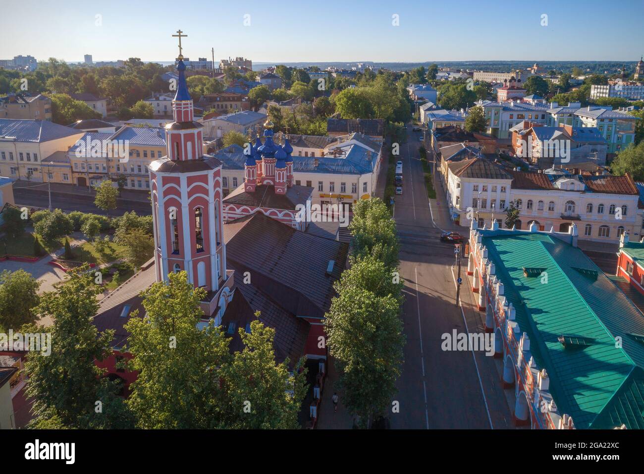 Church of the Nativity of the Virgin in the cityscape on a July morning. Kaluga, Russia Stock Photo