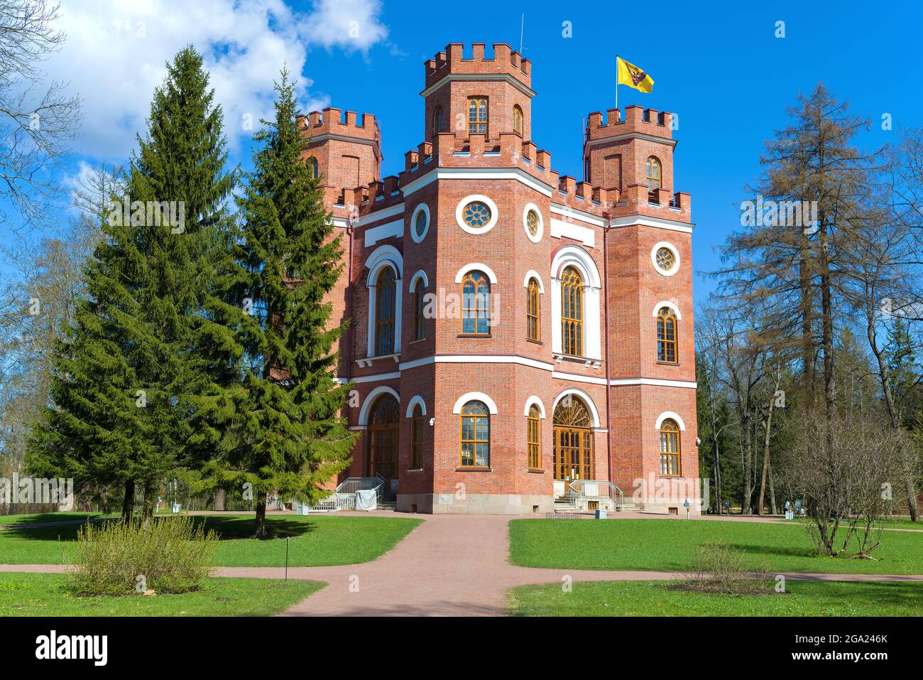 PUSHKIN, RUSSIA - MAY 09, 2021: View of the old pavilion 'Arsenal' on a sunny May day. Alexander Park of Tsarskoe Selo Stock Photo