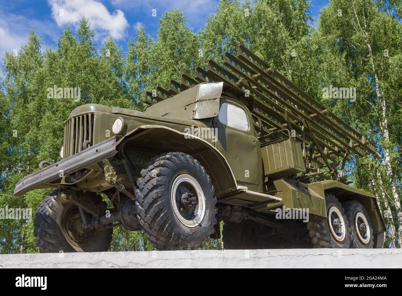 VELIZH, RUSSIA - JULY 04, 2021: Rocket installation of a salvo fire system based on the ZIL-157K truck close-up Stock Photo