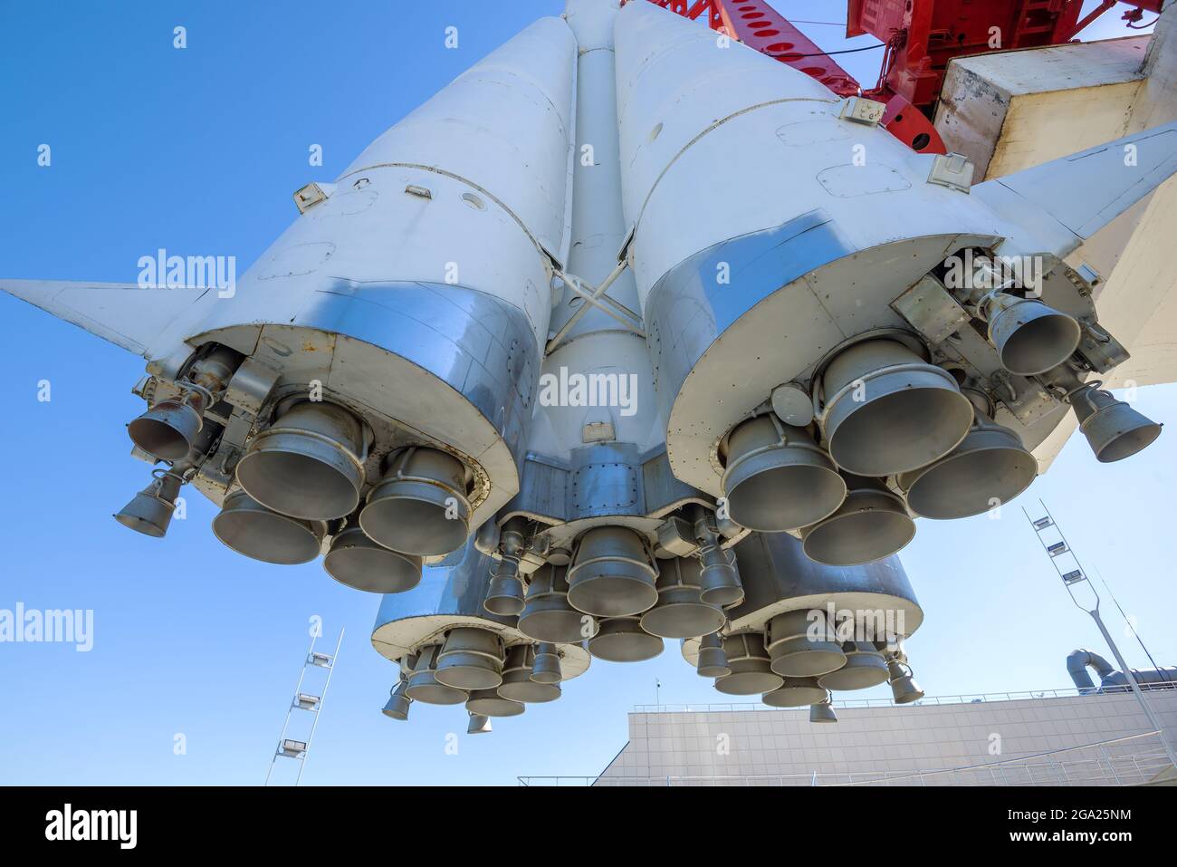 KALUGA, RUSSIA - JULY 07, 2021: Engines and nozzles of the Vostok space rocket installed by the State Museum of Cosmonautics, close-up Stock Photo