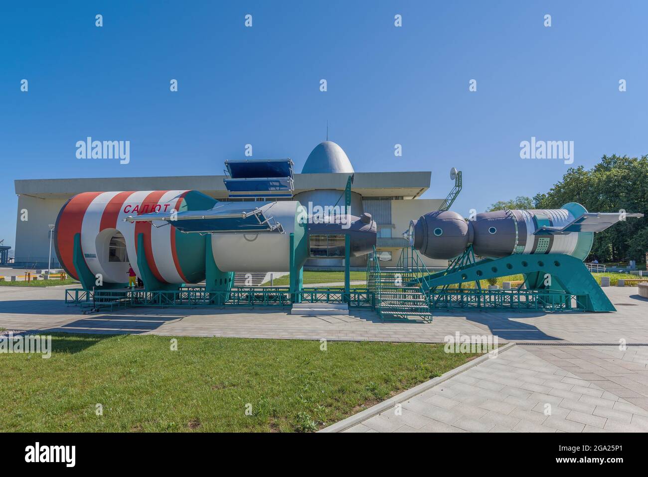 KALUGA, RUSSIA - JULY 07, 2021: Models of the Salyut and Soyuz space stations in the park of the State Museum of Cosmonautics Stock Photo