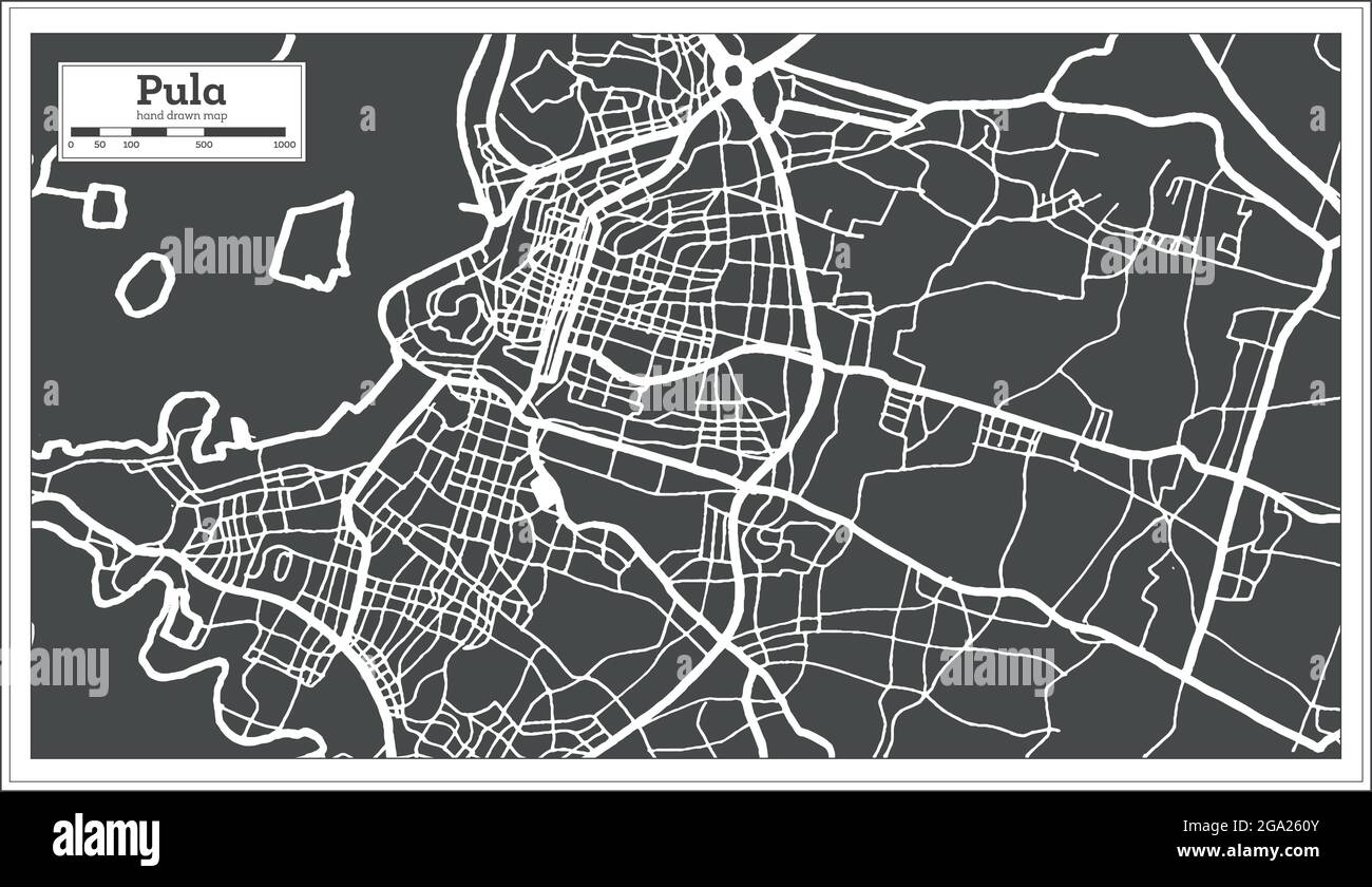 Pula Croatia City Map in Black and White Color in Retro Style. Outline Map. Vector Illustration. Stock Vector