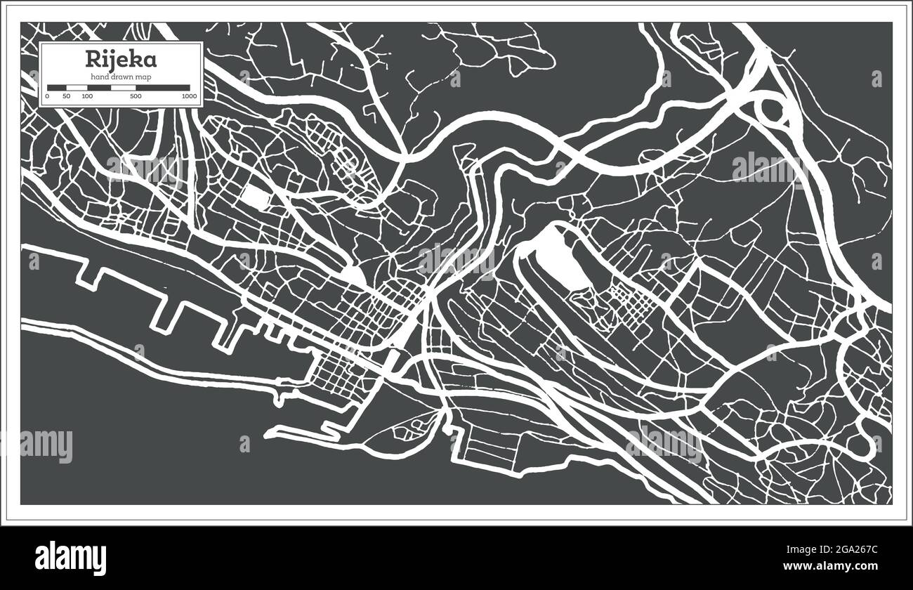 Rijeka Croatia City Map in Black and White Color in Retro Style ...