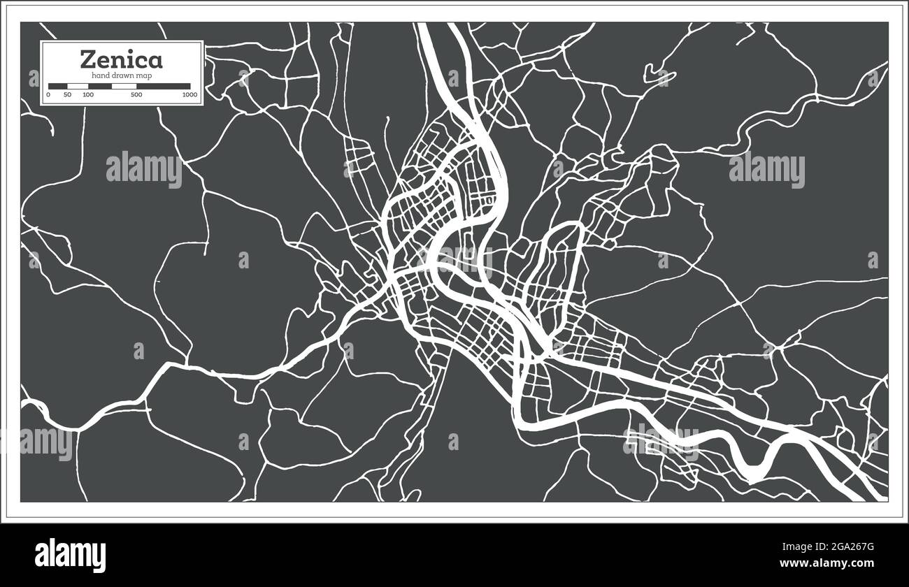 Zenica Bosnia and Herzegovina City Map in Black and White Color in Retro Style. Outline Map. Vector Illustration. Stock Vector
