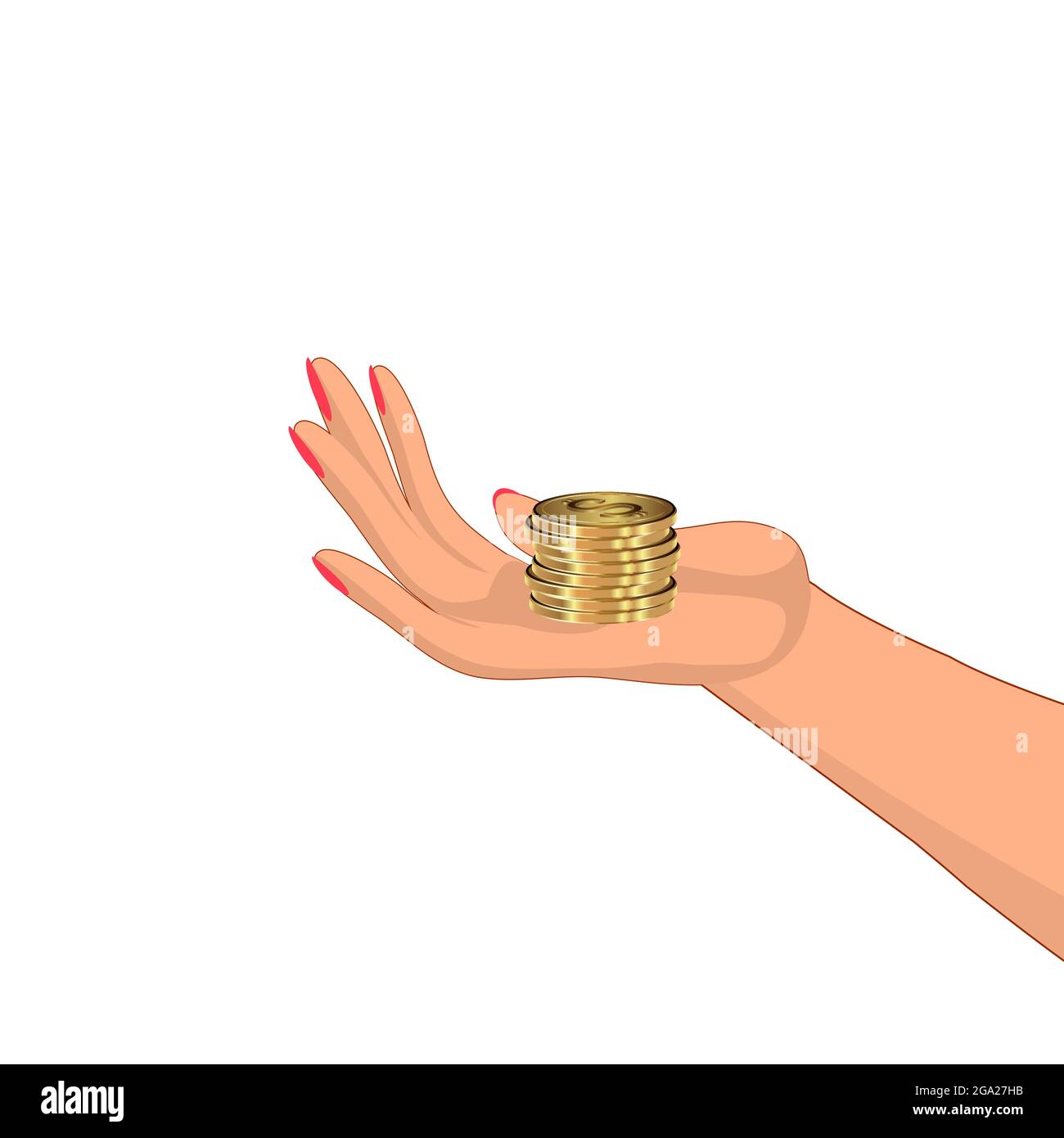 A woman's hand with coins. Receiving donations. Vector illustration. Stock Vector