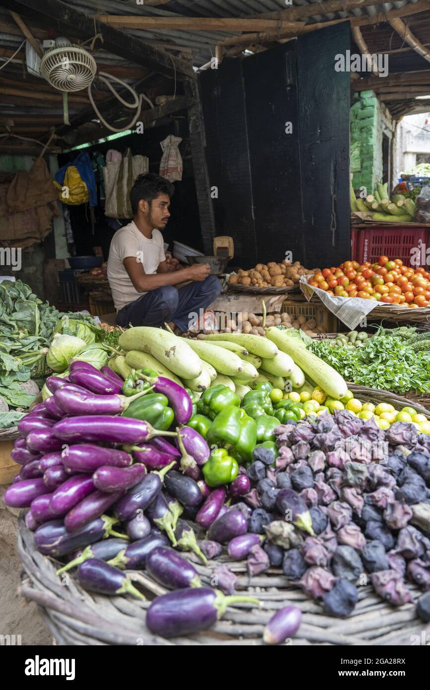 A vendor sits in a stall selling fresh produce in a vegetable market in Varanasi on the banks of the Ganges; Varanasi, Uttar Pradesh, India Stock Photo