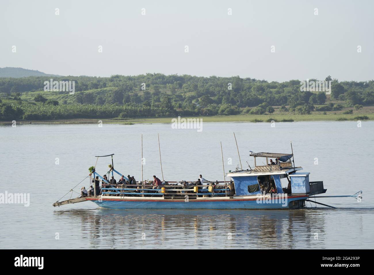 Passenger Ferry crossing the The Ayeyarwady (Irrawaddy) river in Kachin State, Myanmar/Burma Stock Photo