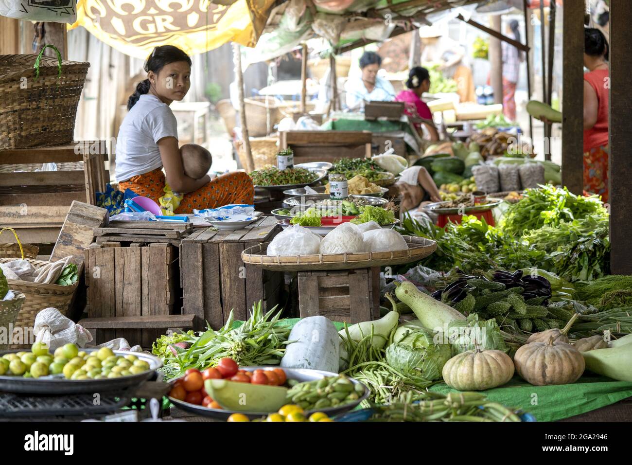 Local woman selling vegetables in the food market of a rural Village in Kachin state on the Irrawaddy River, Myanmar/Burma; Kachin, Myanmar Stock Photo