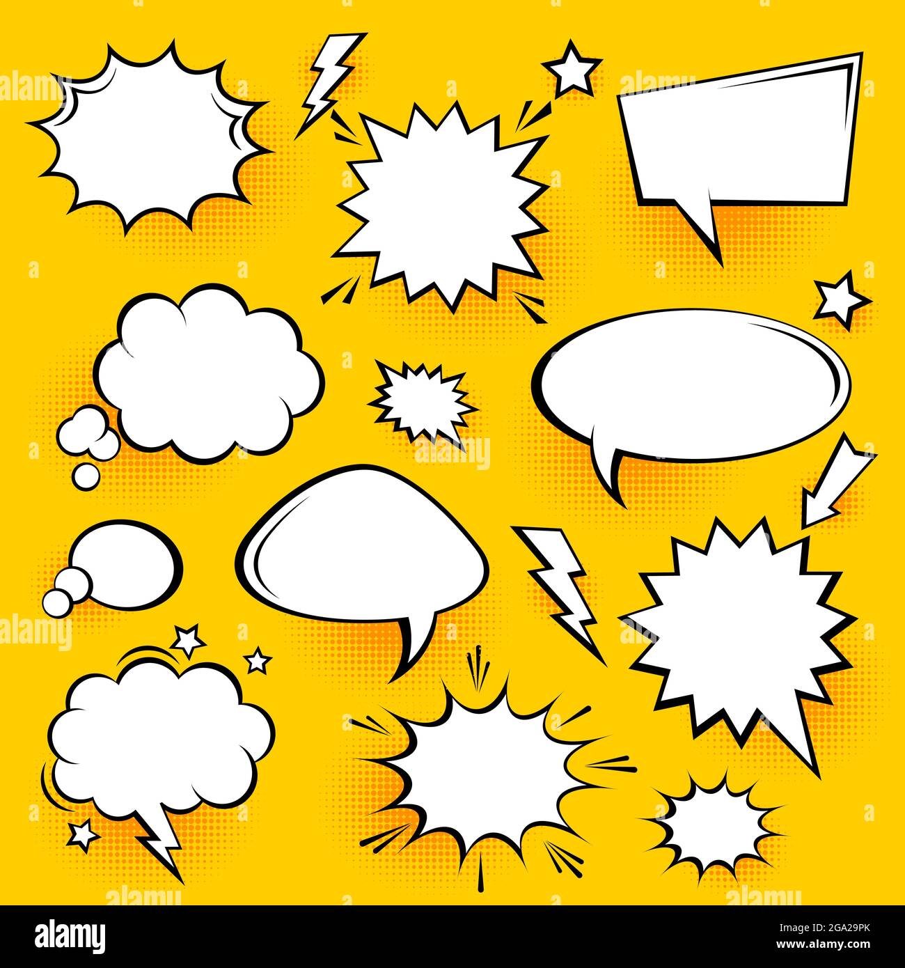 Blank comic speech bubbles with halftone shadows on yellow background ...