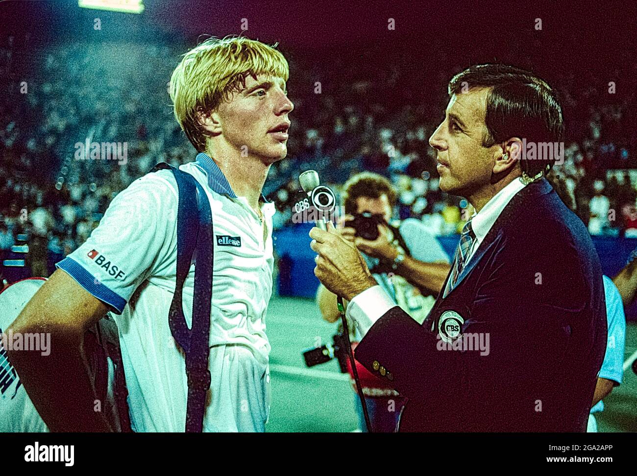 Boris Becker (GER) being interview by Brent MUsberger for CBS TV at the 1985 US Open Tennis. Stock Photo