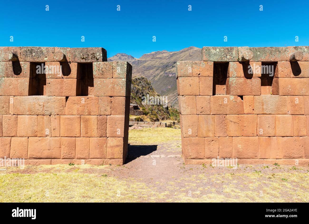 Inca walls in ruin of Pisac, Cusco, Peru. Stock Photo