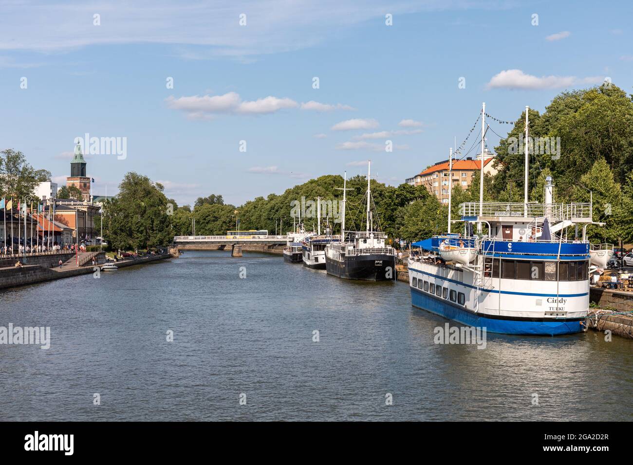 River Aura view with moored restaurant ships in Turku, Finland Stock Photo