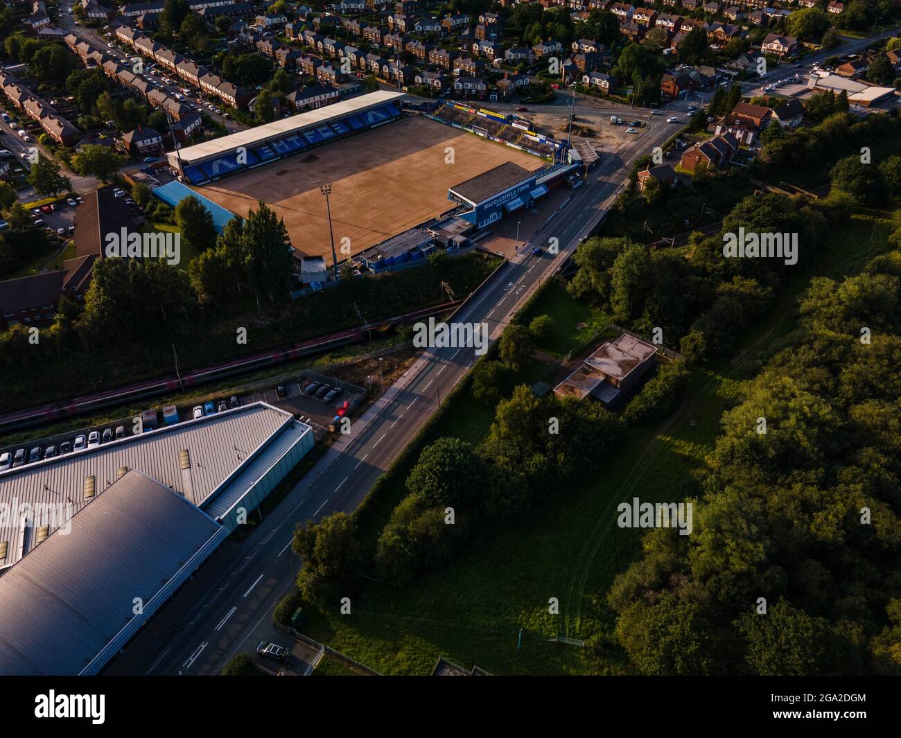 Macclesfield Town Football Club The Silkmen Aerial Drone Photo Photography Taken Just before the Club was forced to Fold Stock Photo