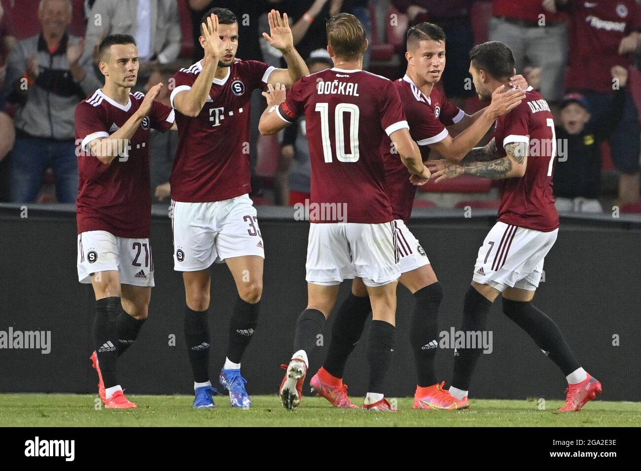 prague czech republic 28th july 2021 david moberg karlsson sparta right celebrates with his teammates scoring from penalty during the uefa champions league second qualifying round return match sparta prague vs rapid