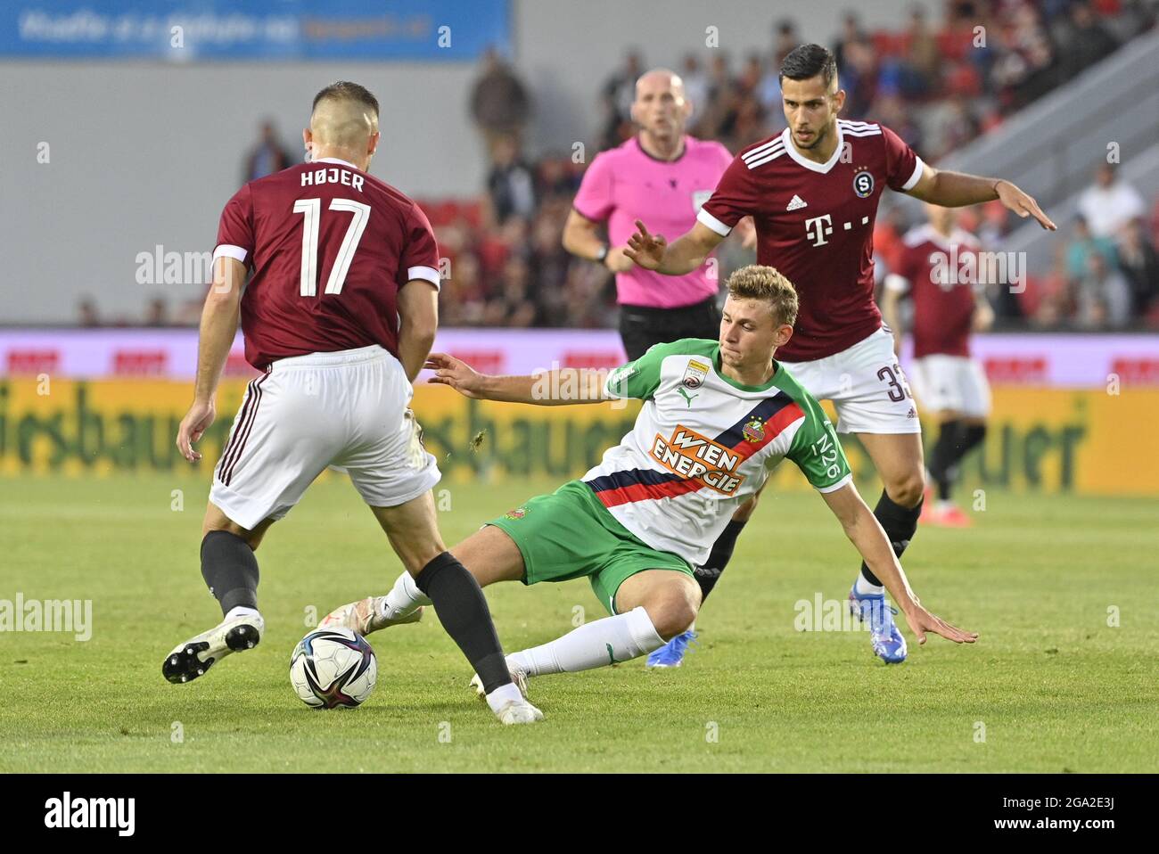 prague czech republic 28th july 2021 l r casper hojer sparta lion schuster rapid and david hancko sparta in action during the uefa champions league second qualifying round return match sparta prague vs