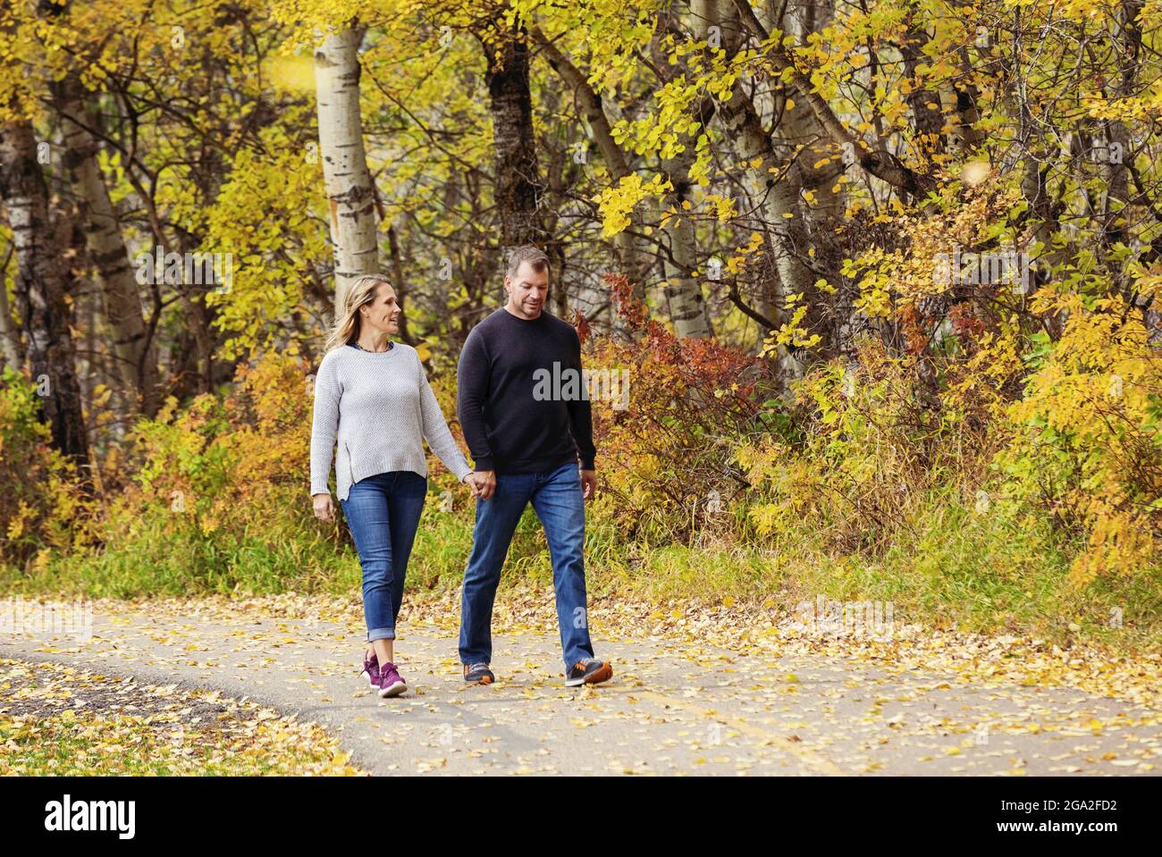 A mature married couple spending quality time together in a city park during the fall season, taking a walk down a trail and holding hands Stock Photo