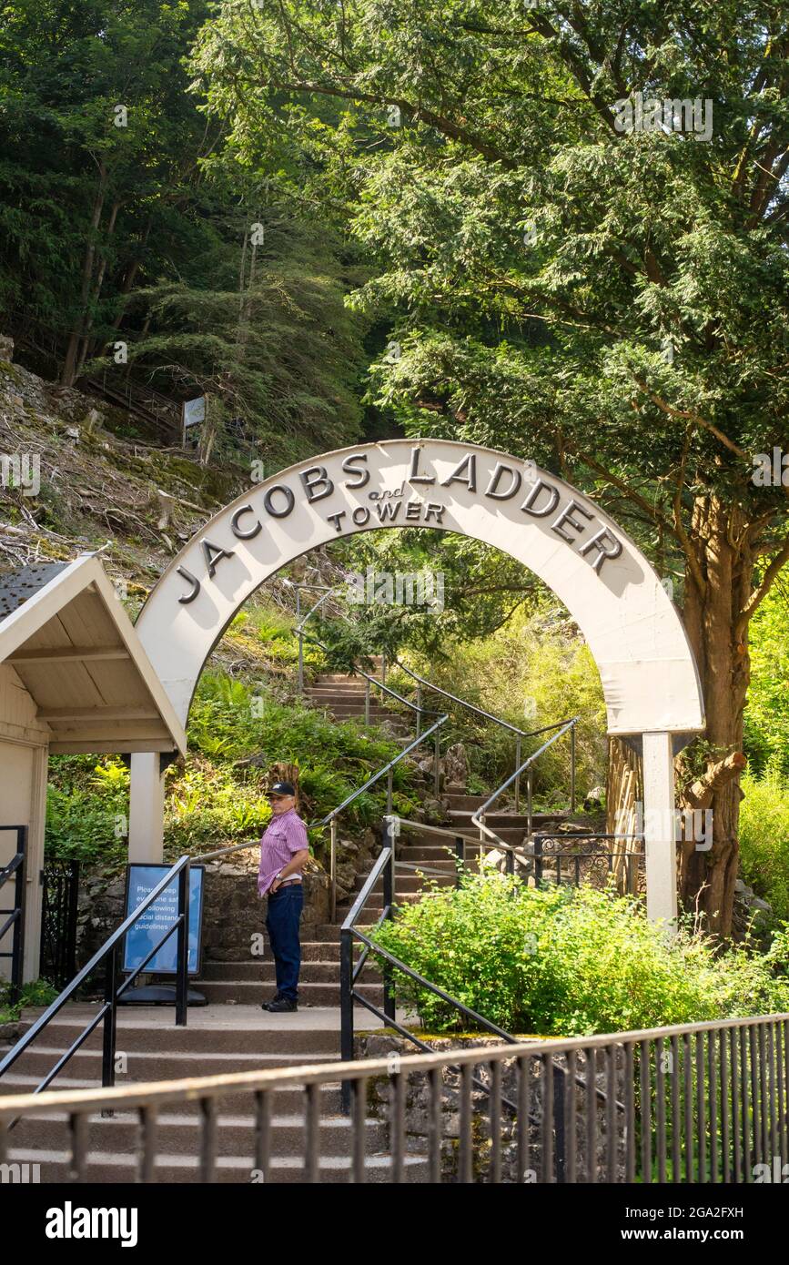 The entrance arch at the bottom of Jacob's Ladder steps in Cheddar Gorge, Somerset, England Stock Photo