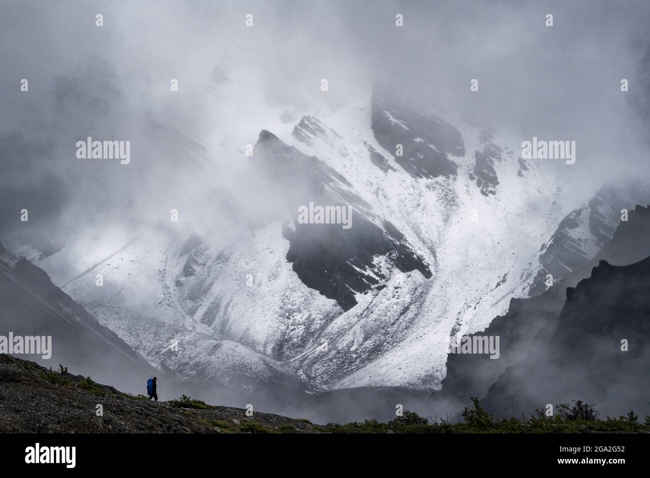 Silhouette of a lone hiker trekking in front of a huge, snow covered mountain and amazing northern landscape in Kluane, situated in the Traditional... Stock Photo