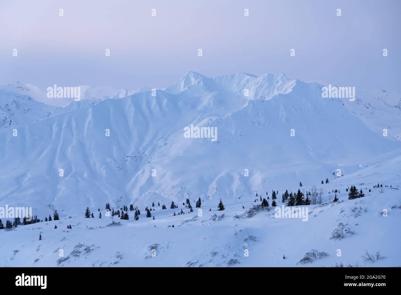 Impressive snow covered mountain ridges along the Haines Highway in the soft,early morning light near Haines Junction; Yukon, Canada Stock Photo