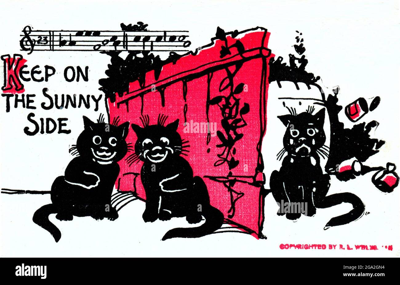 Keep on the Sunny side, 1906 postcard cartoon featuring andromorphic black cats & kittens  Postal card has song title & 2 bars of music Stock Photo