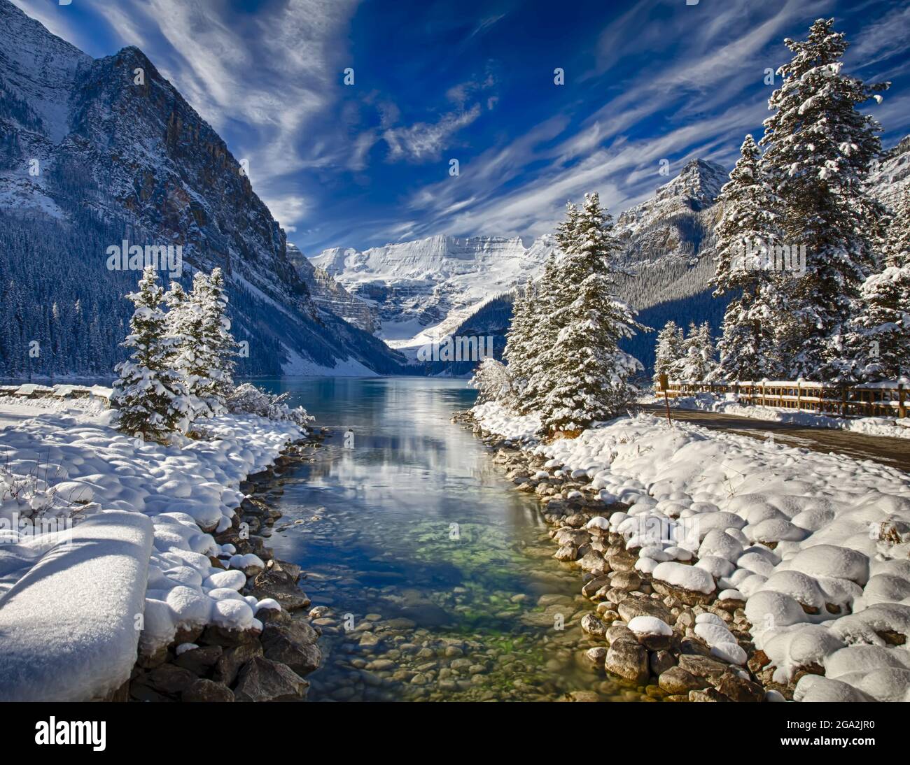 Lake Louise with snow in autumn, Banff National Park; Alberta, Canada