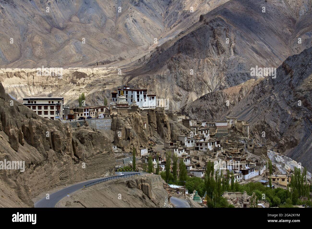 Road leading to the Lamayuru Monastery and village above the Indus Valley, through the Himalayan Mountains of Ladakh, Jammu and Kashmir Stock Photo