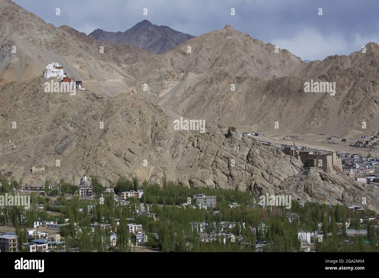 Tsemo Gompa (Namgyal Tsemo Monastery) above Leh Palace (Former Royal Palace) of Leh in the Indus Valley, with the city of Leh and its green vegetat... Stock Photo