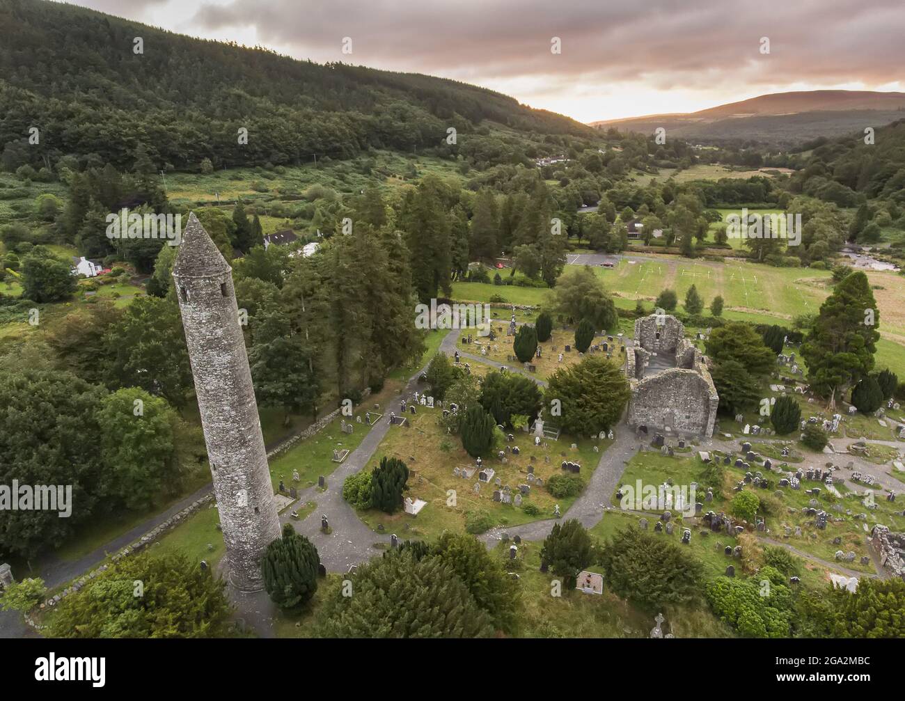 Glendalough (or The valley of the Two Lakes) is the site of an early Christian monastic settlement nestled in the Wicklow Mountains of County Wicklow Stock Photo