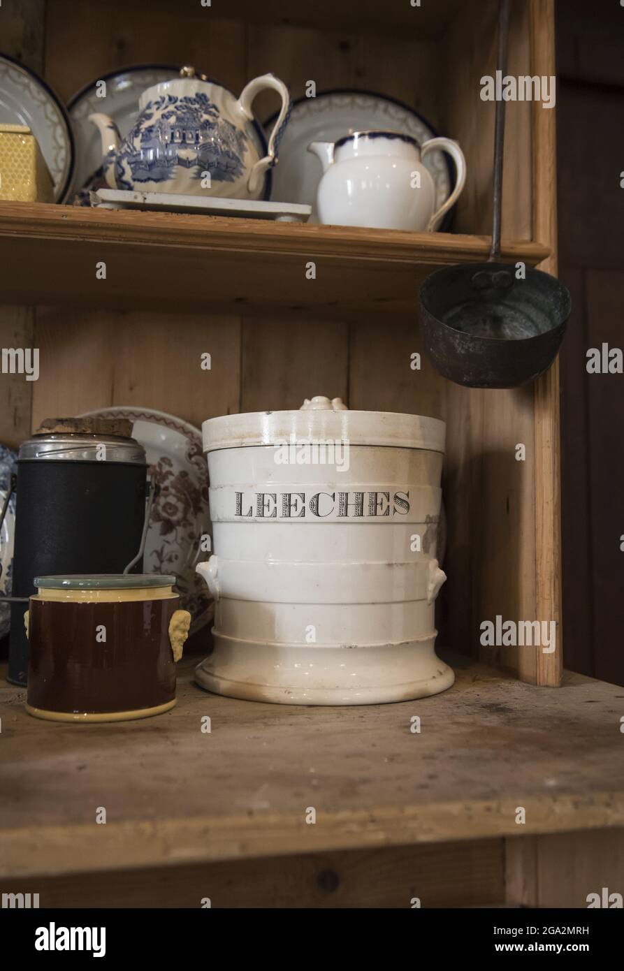 A canister which held leeches sits on a shelf in Strokestown Park; Strokestown, County Roscommon, Ireland Stock Photo