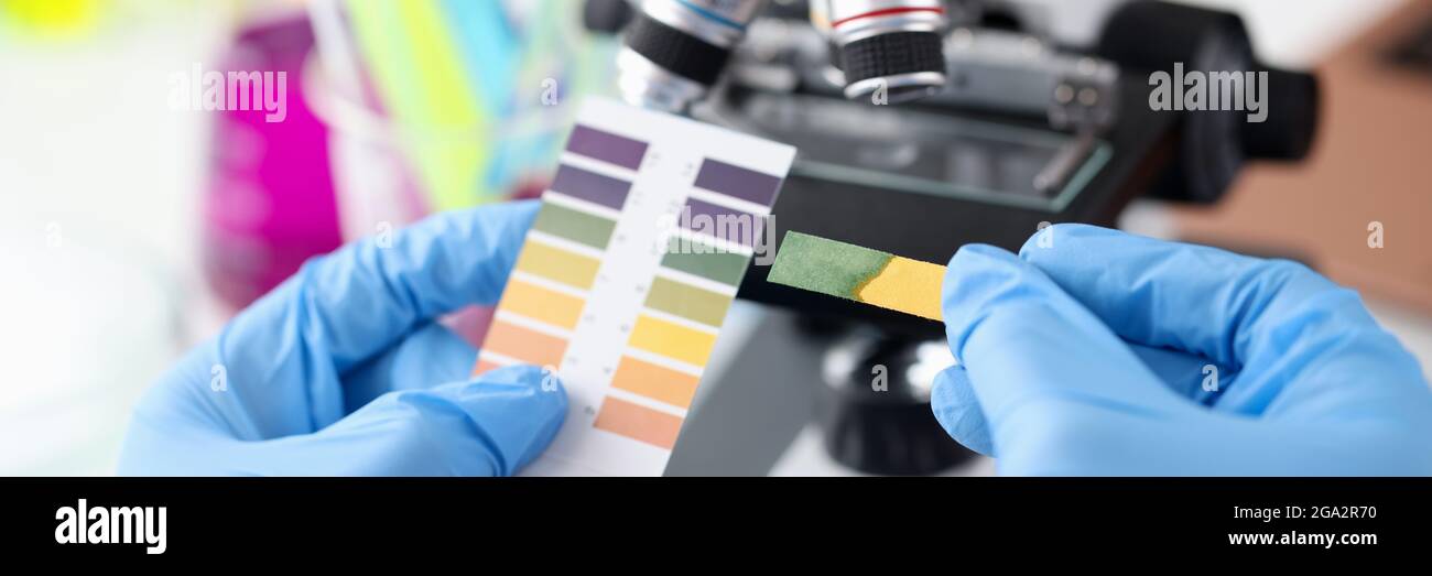 Scientist chemist holding ph test in his hands closeup Stock Photo