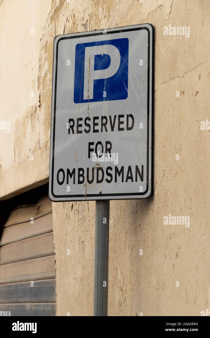 Parking sign for a reserved roadside space for the local Ombudsman in Valletta, Malta. Stock Photo