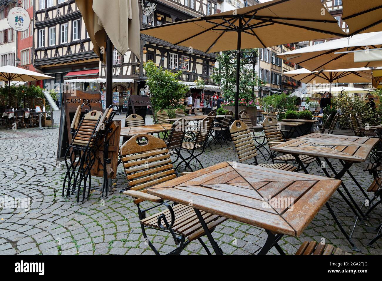STRASBOURG, FRANCE, June 23, 2021 : Empty terraces of bars at early morning in Strasbourg touristic center. Stock Photo