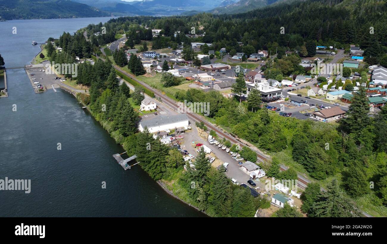 Aerial view of Cascade Locks, Oregon along the Columbia River Stock
