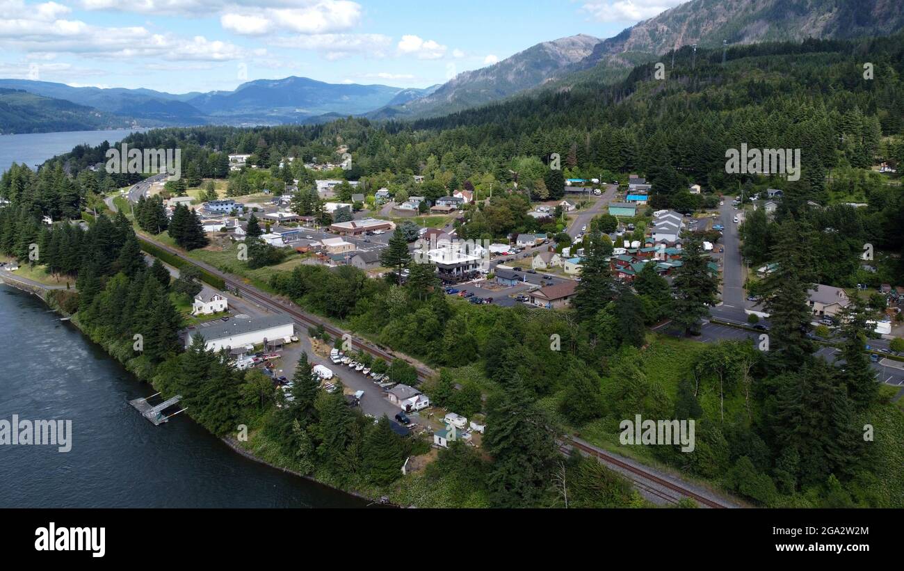 Aerial view of Cascade Locks, Oregon along the Columbia River Stock