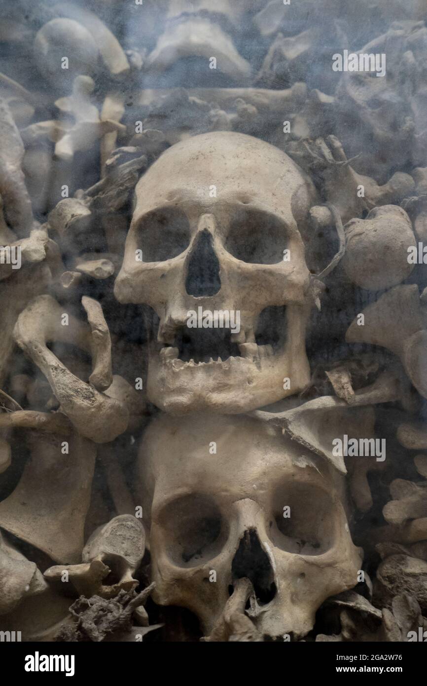 Close-up of human bones and skulls inside encased glass crypts at the Chapel of the Martyrs containing the remains of Otranto citizen martyrs in th... Stock Photo