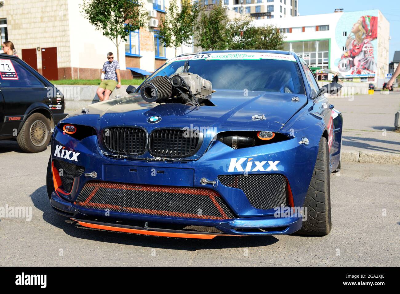 BILA TSERKVA - JULY 24: The Drift modified BMW 3-series car is on Professional Ukrainian Drag Racing Series Show, on July 24, 2021 in Bila Tserkva, Uk Stock Photo