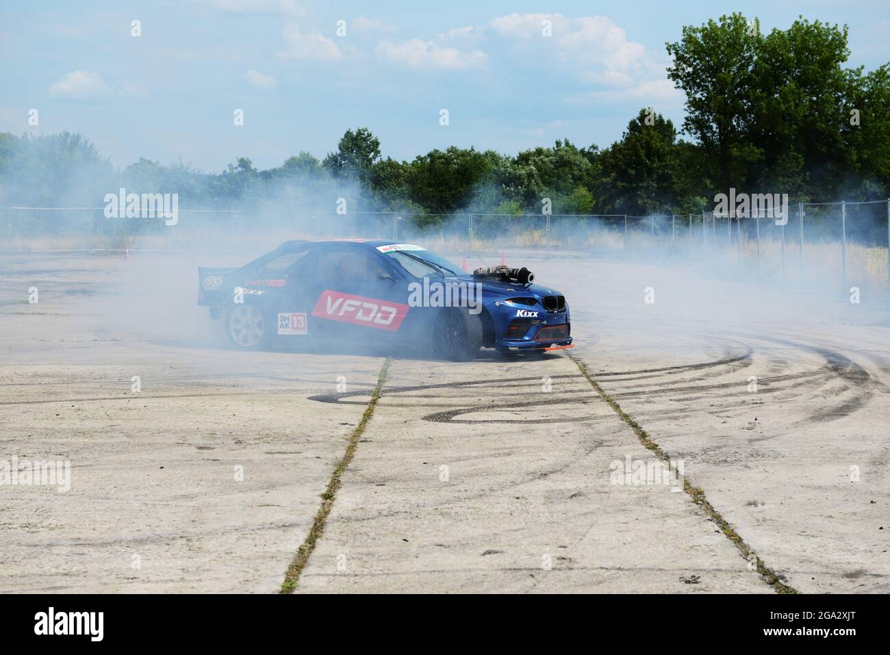 BILA TSERKVA - JULY 24: The Drift modified BMW 3-series car is on Professional Ukrainian Drag Racing Series Show, on July 24, 2021 in Bila Tserkva, Uk Stock Photo