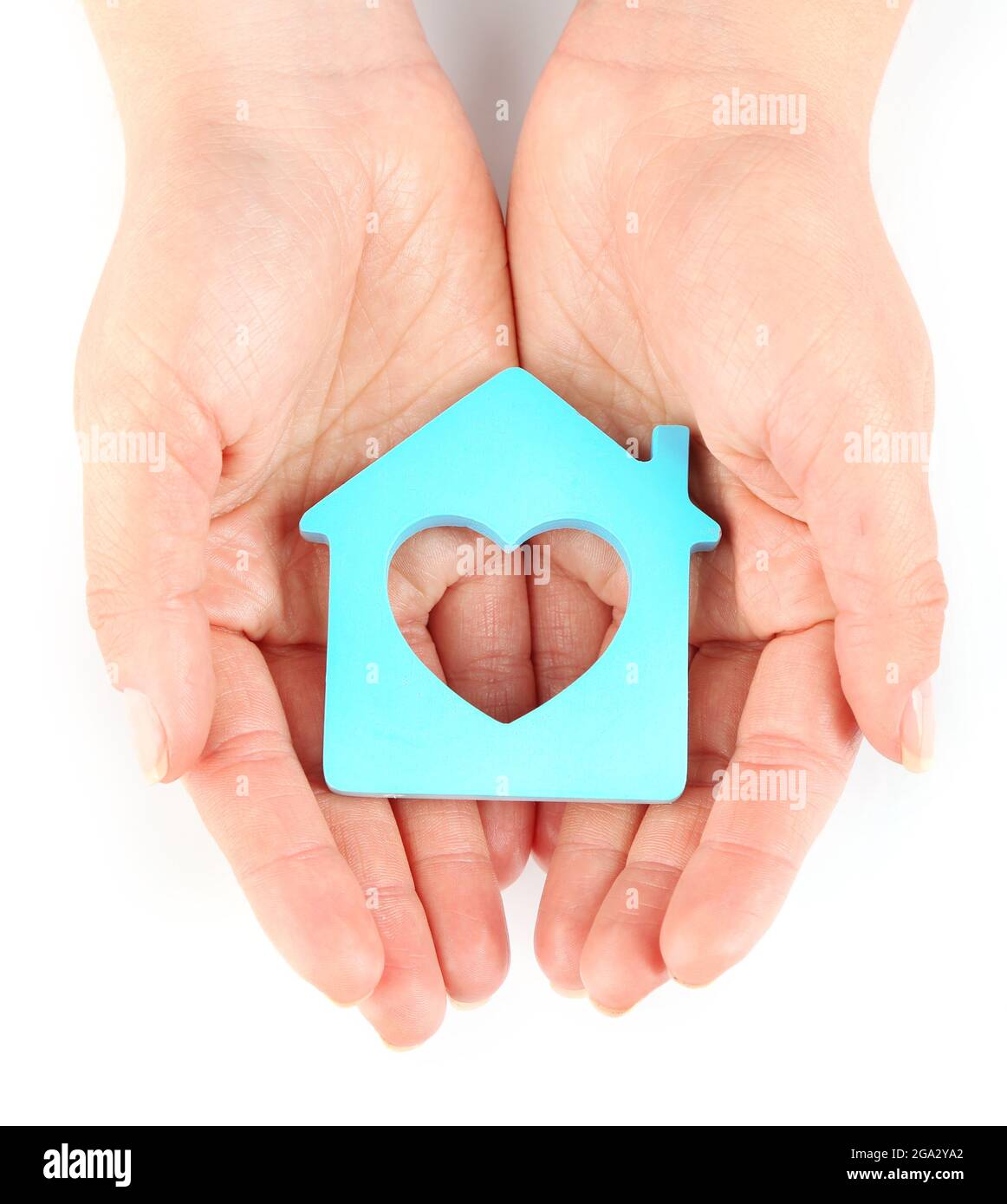 Female hands with model of house isolated on white Stock Photo - Alamy