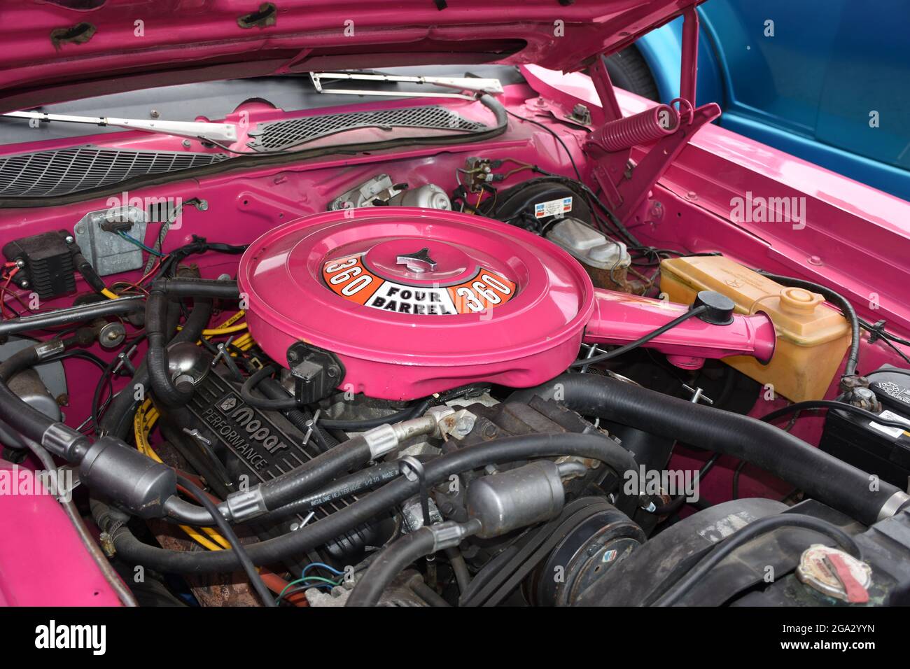 A 360 Dodge engine with four barrel Carburetor. Stock Photo